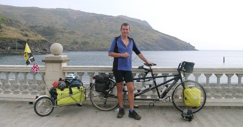 Heading for Portugal - arriving in north-east Spain with tandem and trailer, plus camping gear, four panniers and bar bag